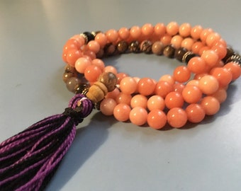 Rhodonite Mala Necklace 108 Bead Mala with tassel. Both purple and pink Rhodonite black onyx markers for Buddhist Meditation