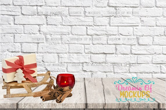 Download Blank Wall Mockup Wood Shelf Christmas White Brick 3d Photorealistic Logo Mockup Free Download PSD Mockup Templates
