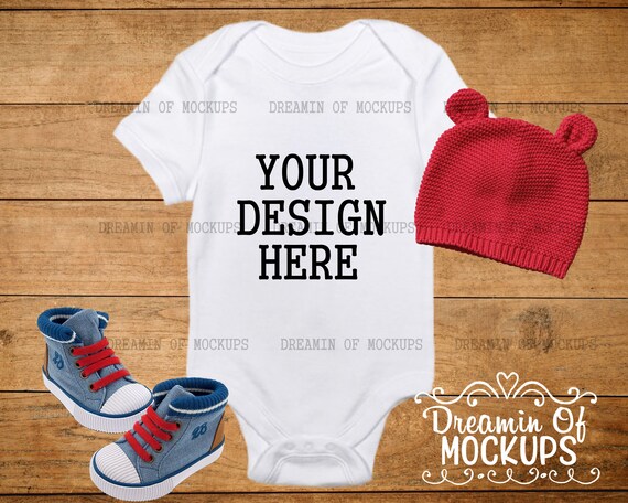 Baby Onesie Mockup Wood Beanie Sneakers Baby Boy
