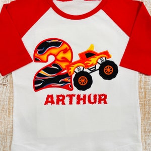 Flaming Monster Truck Birthday Embroidered T-Shirt