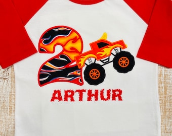 Flaming Monster Truck Birthday Embroidered T-Shirt