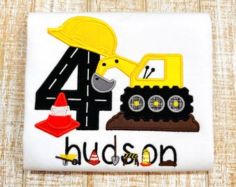 Construction Excavator Birthday Embroidered T-Shirt