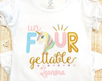 UN-Four-Gettable Unicorn Fourth Birthday Embroidered T-Shirt