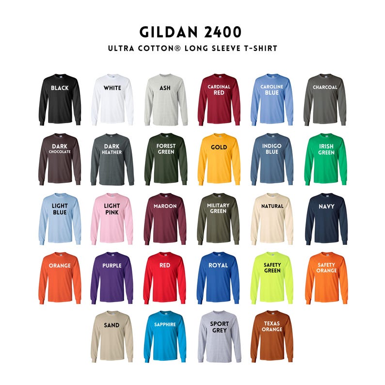 Puede incluir: Una exhibici&oacute;n de camisetas de manga larga Gildan 2400 Ultra Cotton en varios colores, incluyendo negro, blanco, rojo y azul. La imagen muestra una gama de opciones, desde chocolate oscuro hasta naranja de seguridad.