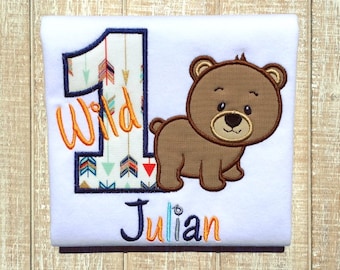 Wild One-Woodland Bear Birthday Embroidered Bodysuit or T-Shirt