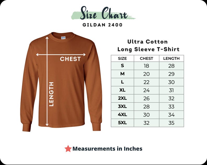 Puede incluir: Una camiseta de manga larga de color &oacute;xido con una tabla de tallas. La tabla muestra las medidas de pecho y largo en pulgadas para las tallas S a 5XL. Tambi&eacute;n se ve el texto "Ultra Cotton Long Sleeve T-Shirt".