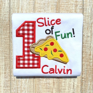 May include: White t-shirt with red and white checkered fabric, a slice of pizza, and the text "Slice of Fun!" in red and green. The number "1" is in the background and the name "Calvin" is below the pizza.