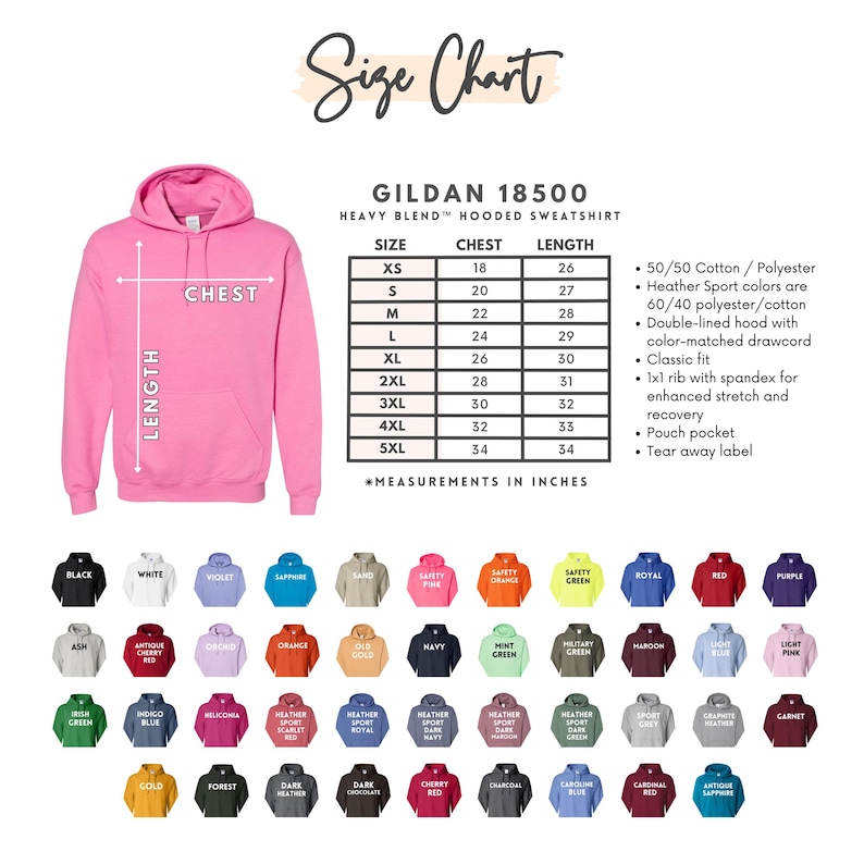 Puede incluir: Una sudadera con capucha rosa Gildan 18500 Heavy Blend con una tabla de tallas. La tabla enumera las medidas de pecho y largo en pulgadas para las tallas XS a 5XL. La imagen tambi&eacute;n muestra una variedad de colores de sudaderas.