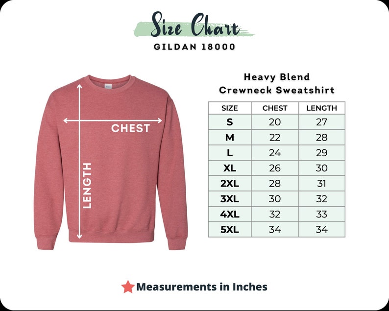 Puede incluir: Una sudadera roja de cuello redondo con una tabla de tallas. La tabla muestra las medidas de pecho y largo en pulgadas para las tallas S a 5XL. El texto "Measurements in Inches" est&aacute; en la parte inferior.