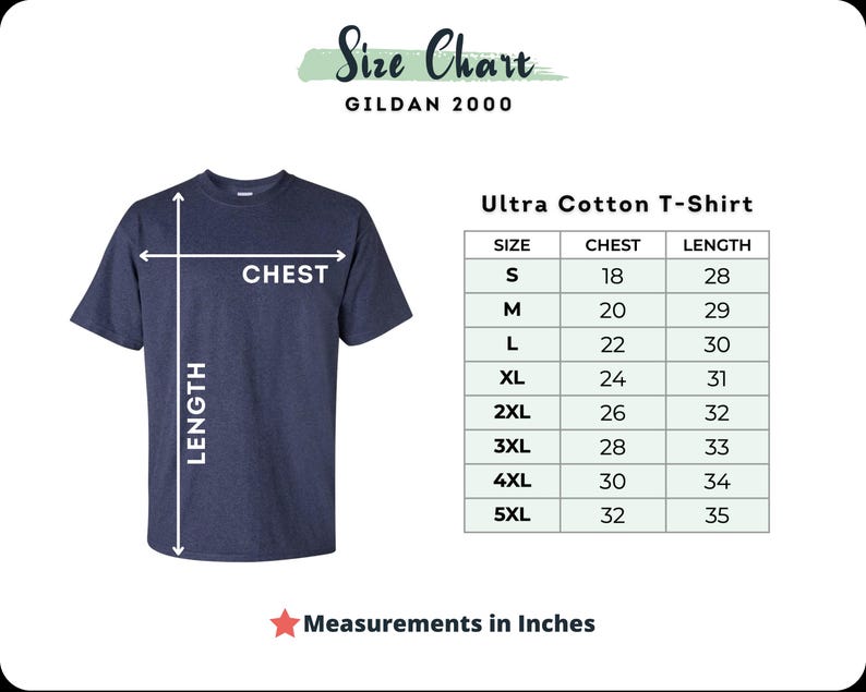 Puede incluir: Una camiseta Ultra Cotton azul marino con una tabla de tallas. La tabla muestra las medidas de pecho y largo en pulgadas para las tallas S a 5XL. El texto "Measurements in Inches" est&aacute; debajo.