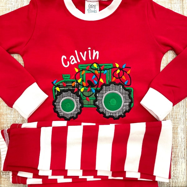 Christmas Tractor with Lights Embroidered Pajamas