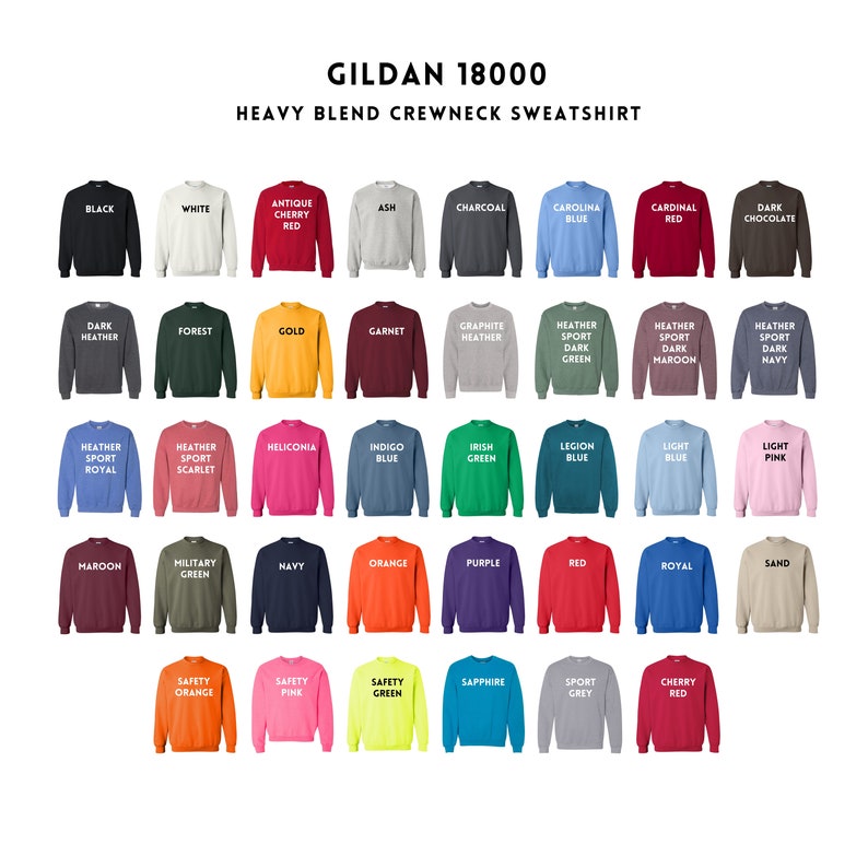 Puede incluir: Una exhibici&oacute;n de sudaderas Gildan 18000 Heavy Blend Crewneck en varios colores. Los colores incluyen negro, blanco, rojo, azul, verde y m&aacute;s. Cada sudadera es de color s&oacute;lido con el nombre del color impreso.