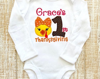 My 1st Thanksgiving Girl Turkey Embroidered Bodysuit or T-Shirt