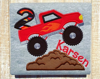 Monster Truck Birthday Embroidered T-Shirt-Any Color Truck