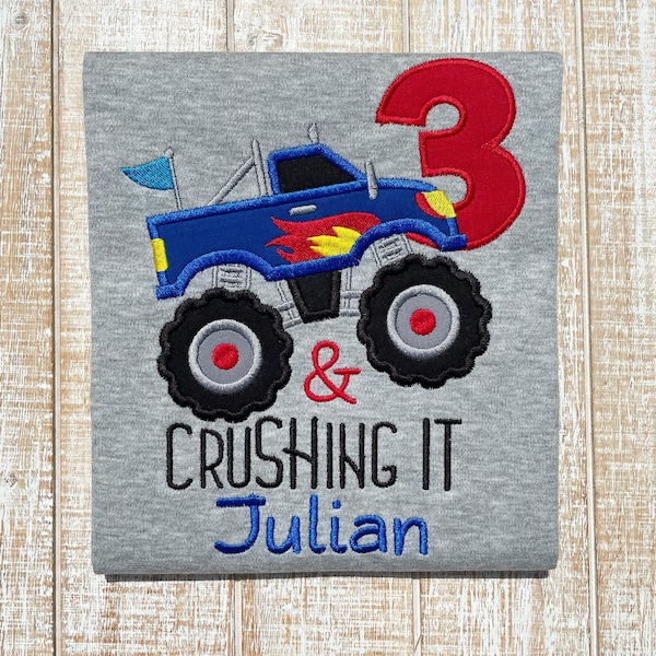 Crushing It Monster Truck Birthday Embroidered T-Shirt-Any Color Truck-Any Age