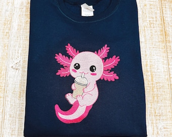 Axolotl sipping a drink-Embroidered Sweatshirt or T-Shirt-Adult and Youth
