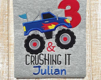 Crushing It Monster Truck Birthday Embroidered T-Shirt-Any Color Truck-Any Age