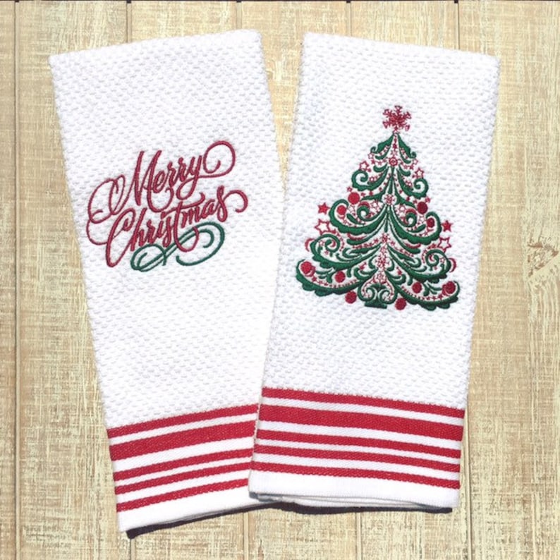 Merry Christmastree Embroidered Kitchen Towels Etsy