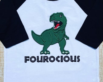 Fourocious 4th Birthday T-Rex Dinosaur Embroidered T-Shirt