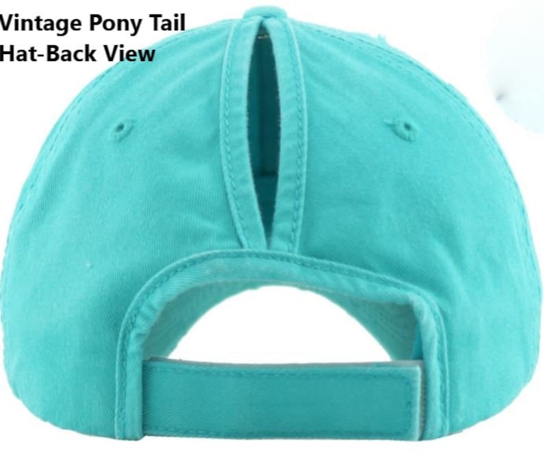 May include: A turquoise baseball cap with a ponytail opening at the back. The cap has a curved brim and an adjustable strap. The text "Vintage Pony Tail Hat-Back View" is printed on the top left of the image.