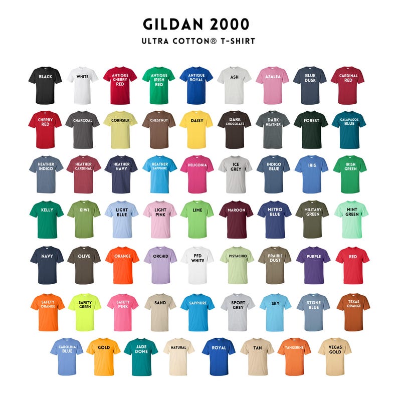 Puede incluir: Una exhibici&oacute;n de camisetas Gildan 2000 Ultra Cotton en varios colores, incluyendo negro, blanco, rojo, azul y verde. Las camisetas est&aacute;n dispuestas en filas, mostrando la amplia gama de tonos disponibles y el logotipo de la marca.