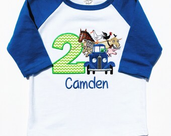 Blue Truck with Animals Birthday Embroidered T-Shirt