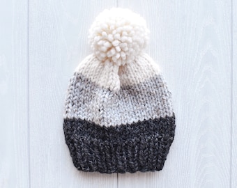 Stripe Ombre Chunky Knit Pom Pom Beanie | Charcoal, Gray Marble, Fisherman