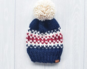 THE KENNEBUNK | Striped Fair Isle Chunky Knit Pom Pom Beanie | Navy, Fisherman, Cranberry