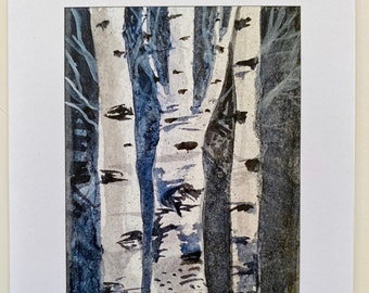 Three Birches – 8 Art Note Cards: birches, forest, woods, nature, textures, blank notecards, stationery, art, Maine artist