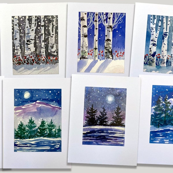 8 Art Note Cards – Nature Cards Set: birches, mountains, pines, night sky, moon, snow, blank notecards, stationery, Maine artist, Winter