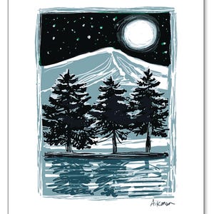 May include: A black and white illustration of a mountain range with three pine trees in the foreground. The moon is visible in the night sky above the mountain range. The illustration is framed with a blue border and the artist's signature "Aikonen" is in the bottom right corner.