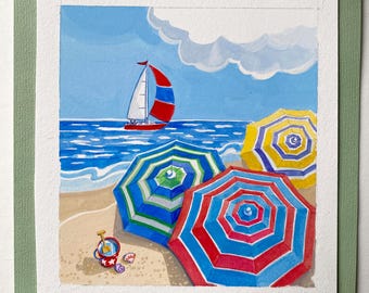 Small original painting Colorful Beach Umbrellas and Sailboat