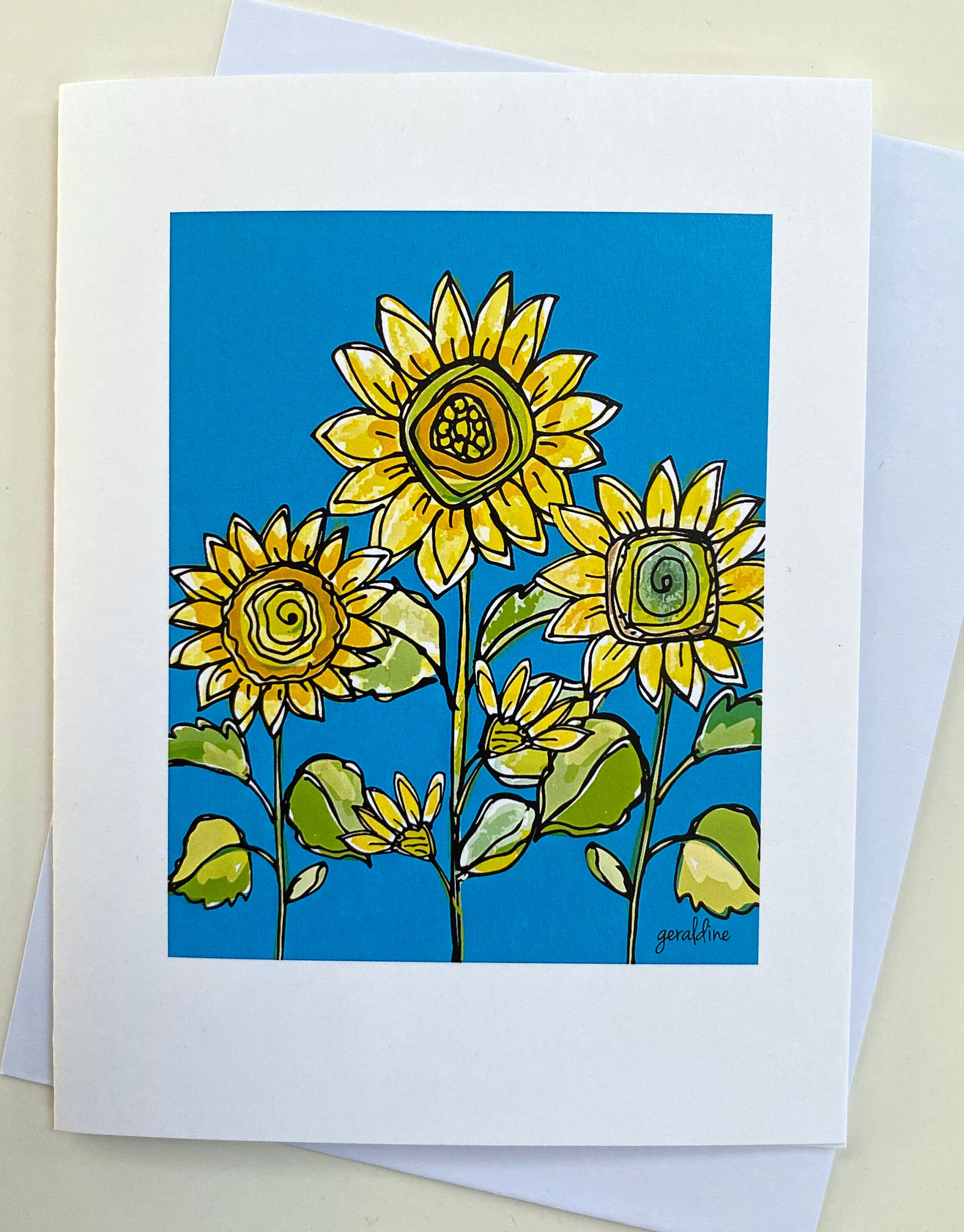 8 Art Note Cards – Sunflower Notecards, Pretty Sunny Happy Yellow Blue ...