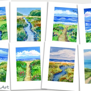 8 Art Note Cards – Marshes and Beach Paths: blank notecards, stationery, art, Maine artist