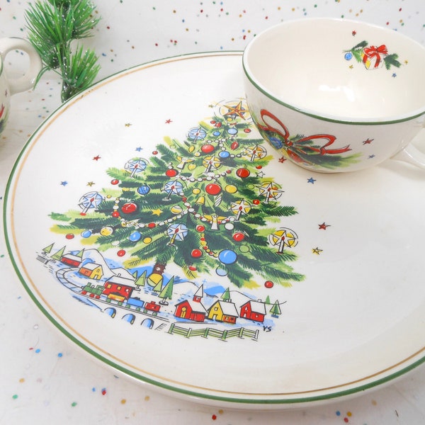Vintage SALEM China Snack Plate Set LOT 2 Christmas Eve Tree Coffee Cocoa Cup Table Decor Mid Century *As Is*, AtomicShack.com