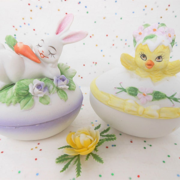 Vintage LEFTON Easter Egg Trinket Box Candy Treasure Gift Holder Chick Bunny Rabbit Bisque Porcelain LOT 2 Mid Century, AtomicShack.com