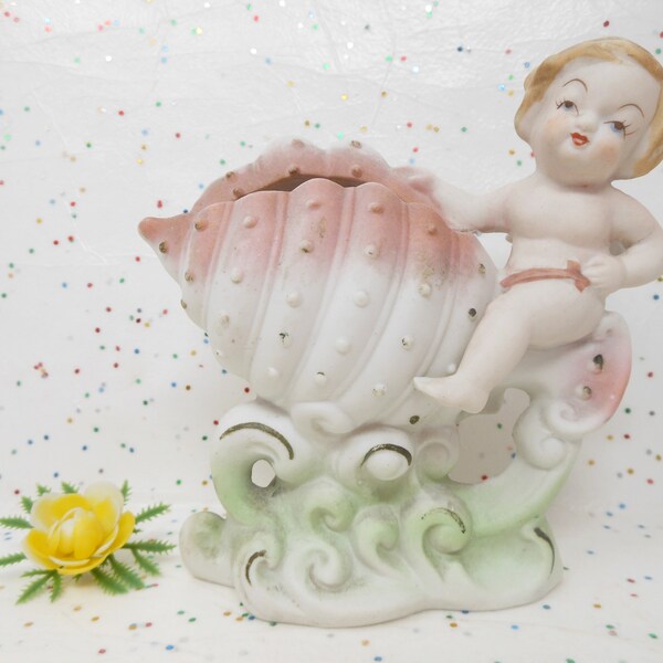 Vintage Cupid Angel Shell Planter Vase Bisque OCCUPIED JAPAN Clutter Decor Cottage Beach Mid Century, AtomicShack.com