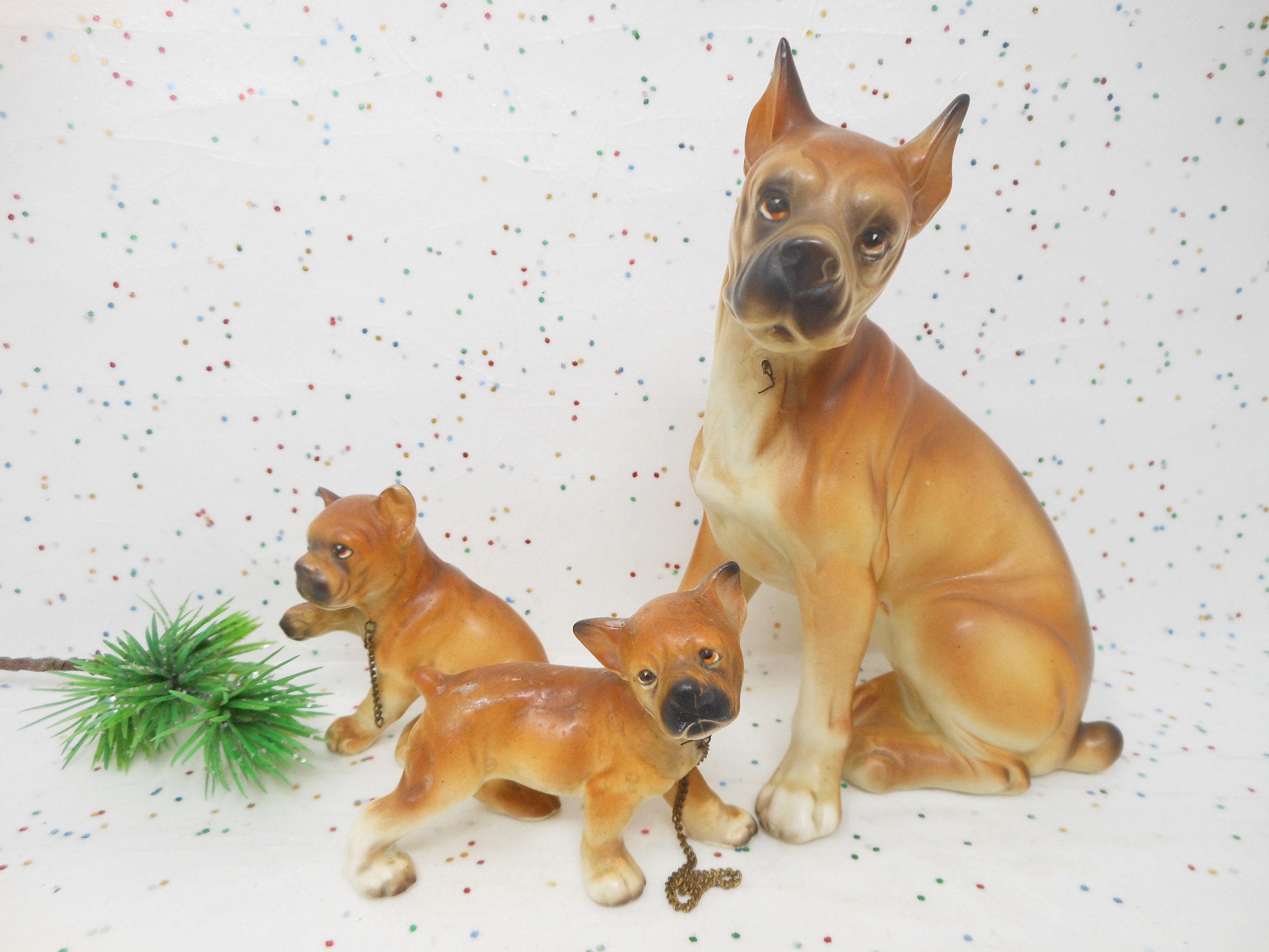 3) Miniature Boxer Dog/Puppy Figures Bone China Porcelain White & Brown  Japan