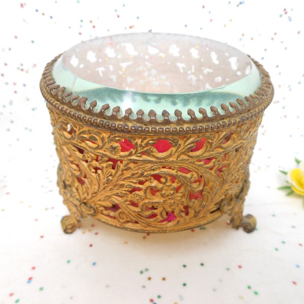 Vintage Gilt Filigree Jewelry Casket Round Trinket Box Hollywood Regency Gold Decor ROYAL M MfgCo Pink Velvet Mid Century, AtomicShack.com