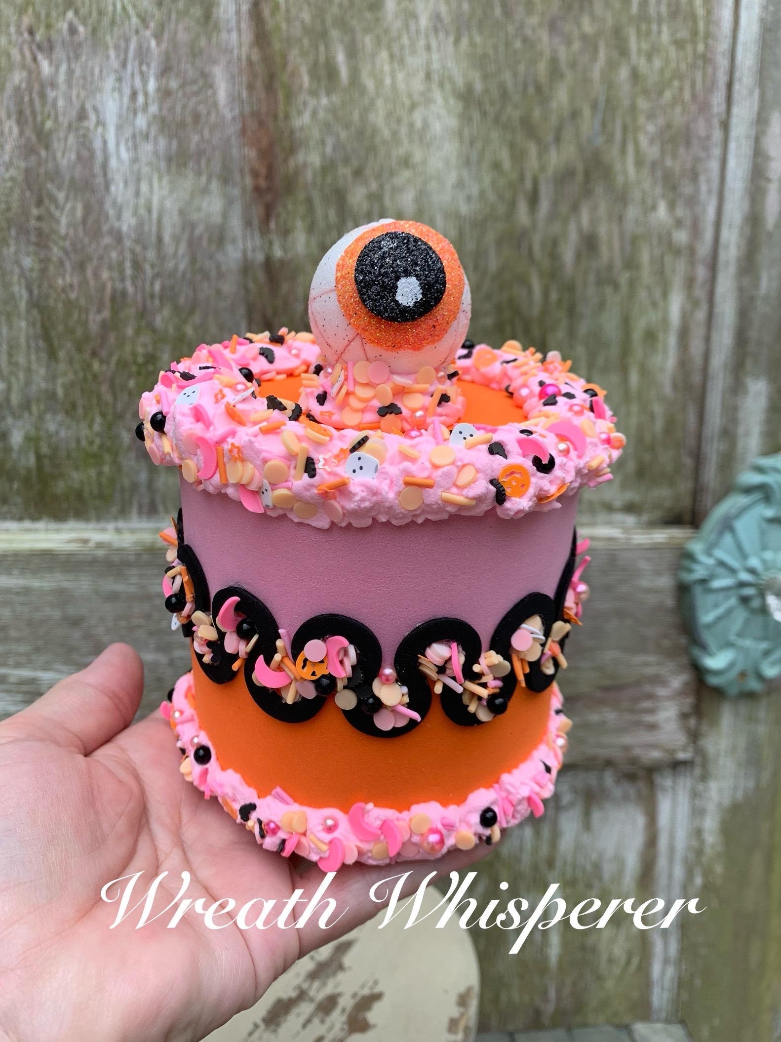 PINK ORANGE HALLOWEEN Fake Bake Cake 4x4x6, Wreath Supplies, craft supplies, Tiered Tray Decor, Wreath Attachment, Halloween Decor