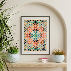 May include: A framed print of a colorful geometric pattern with a repeating design of stars and circles in shades of blue, green, red, orange, and yellow.