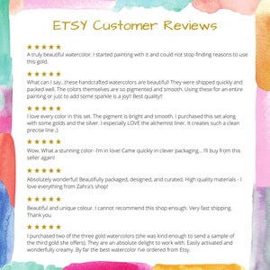 Op de afbeelding: Afbeelding met Etsy-klantenrecensies. De tekst prijst de kwaliteit en pigmentatie van handgemaakte aquarelverf. Recensies vermelden ook de verpakking en service van de winkel. De afbeelding bevat sterrenbeoordelingen.