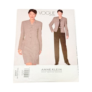 May include: A Vogue Patterns sewing pattern envelope for an Anne Klein design, number 2047, in sizes 14, 16, and 18. The cover features two illustrations of a tailored jacket and skirt or trousers ensemble in a fine, light-colored textured fabric.