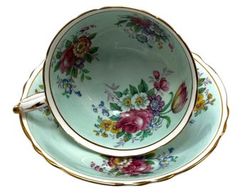 Paragon Double Warrant Teacup Saucer Mint Green Floral Bone China Vintage 40s UK