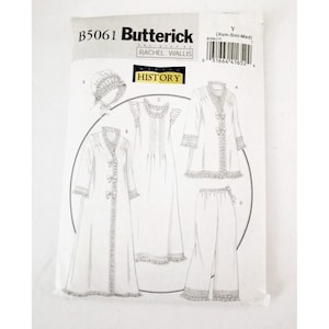 May include: A Butterick sewing pattern, B5061, designed by Rachel Wallis. The pattern shows illustrations of a robe, nightdress, trousers, and cap. The packaging is white with black text and a History label.