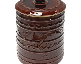 Marcrest Cookie Jar Brown Ceramic Vintage 10 inch Daisy Dot Pattern MCM