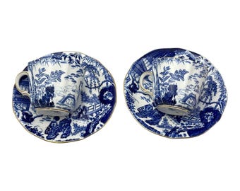 Royal Crown Derby Blue Mikado Fine Bone China Cup Saucer Lot 2 Gilt UK 1929 -31