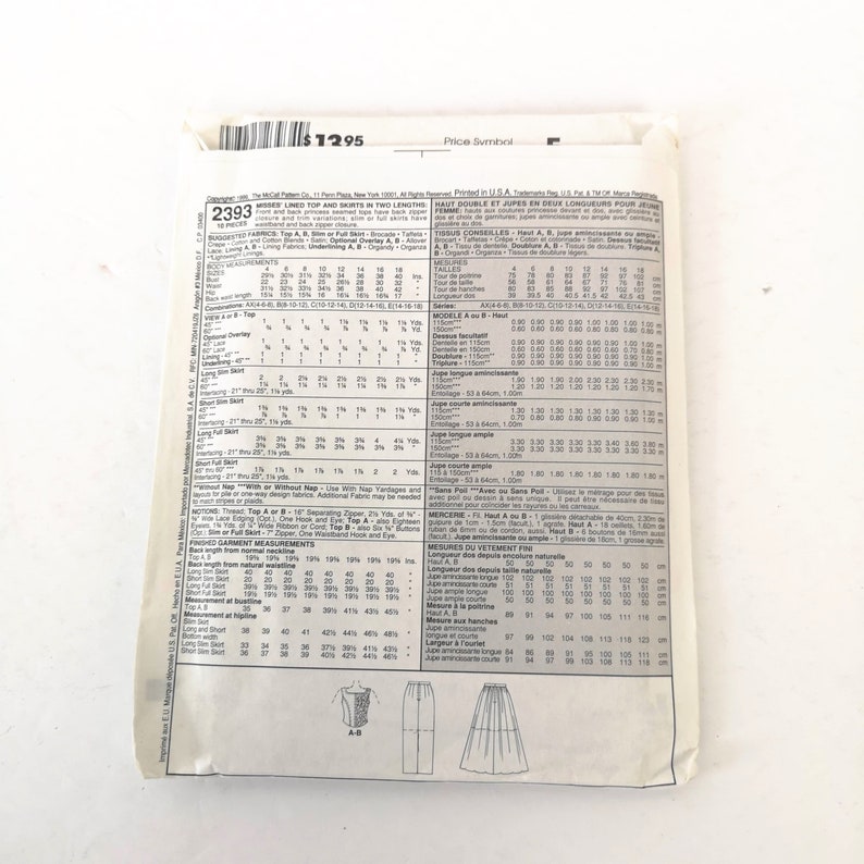 McCalls Pattern 2393 Sz 12 14 16 Evening Elegance 2 Piece Corset Look Top Skirt Uncut