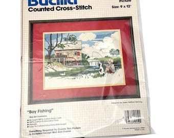 Bucilla Boy Fishing Counted Cross-Stitch Kit 9x12 Watermill 49452