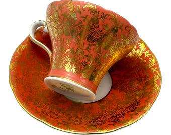 Aynsley Teacup and Saucer Gold Orange Filigree  Bone China Vintage 1960s England